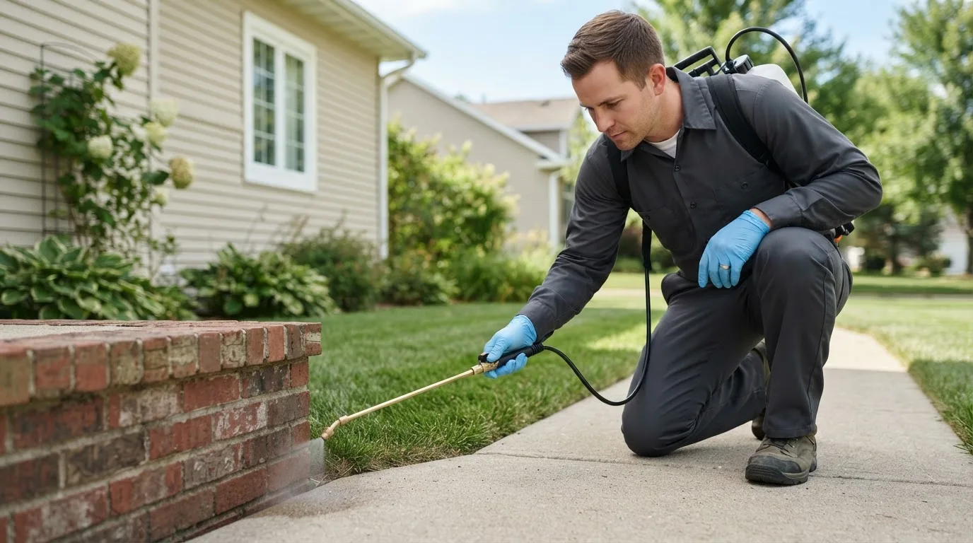 Pest control technician treating a home near Wadena, MN