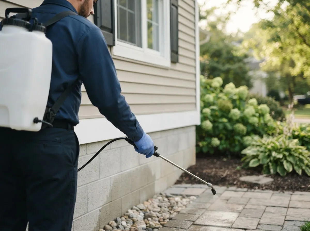 Pest control technician inspecting a home in Wadena, MN
